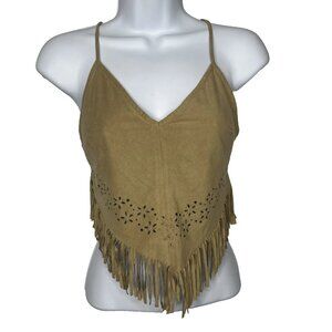 Vintage 90s Bisou Bisou Fringe Camisole Top Size S Tan Faux Suede Laser Cutouts